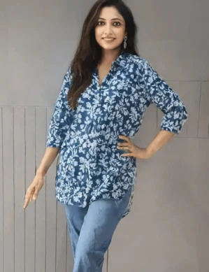 Organic Cotton Indigo Ajrakh Tunic Top with Medal Drawstring